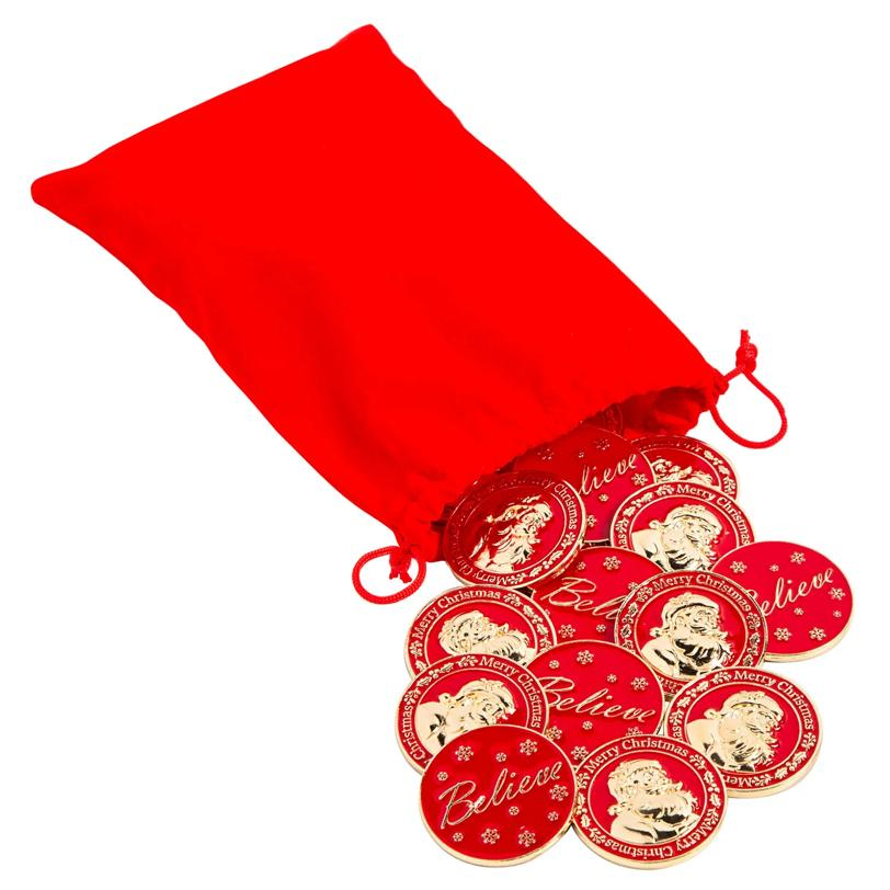 1 1/4" Red Santa Believe Metal Coins with Red Velvet Drawstring Bag-24 Pc.