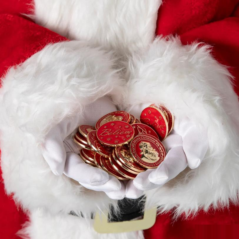 1 1/4" Red Santa Believe Metal Coins with Red Velvet Drawstring Bag-24 Pc.