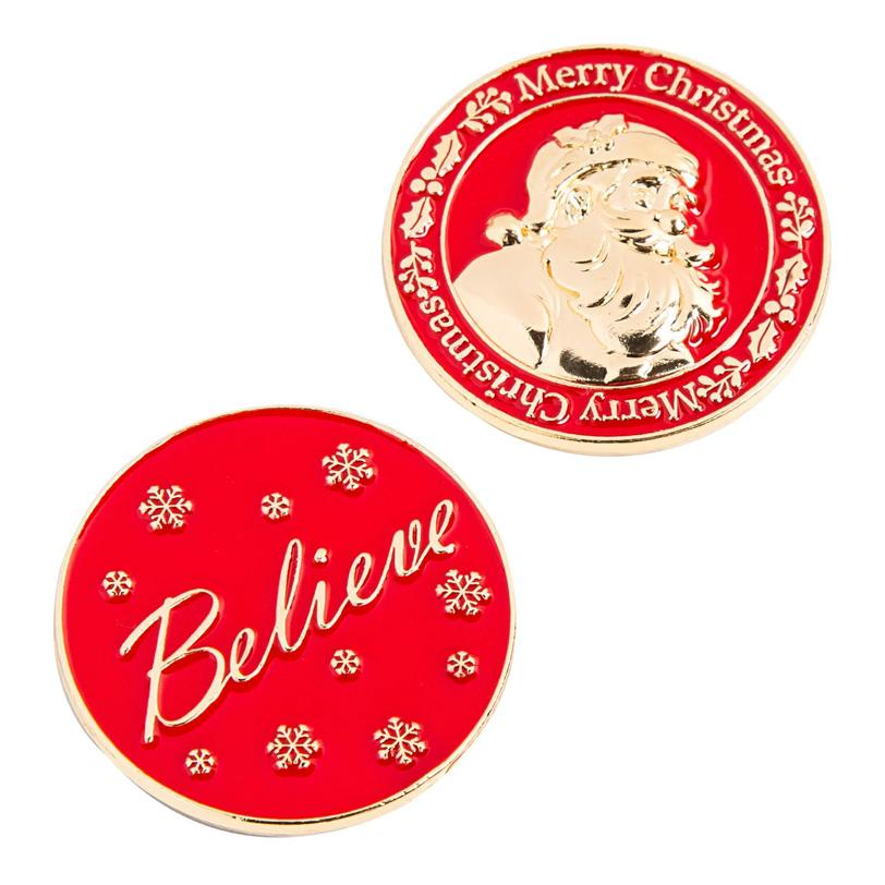 1 1/4" Red Santa Believe Metal Coins with Red Velvet Drawstring Bag-24 Pc.