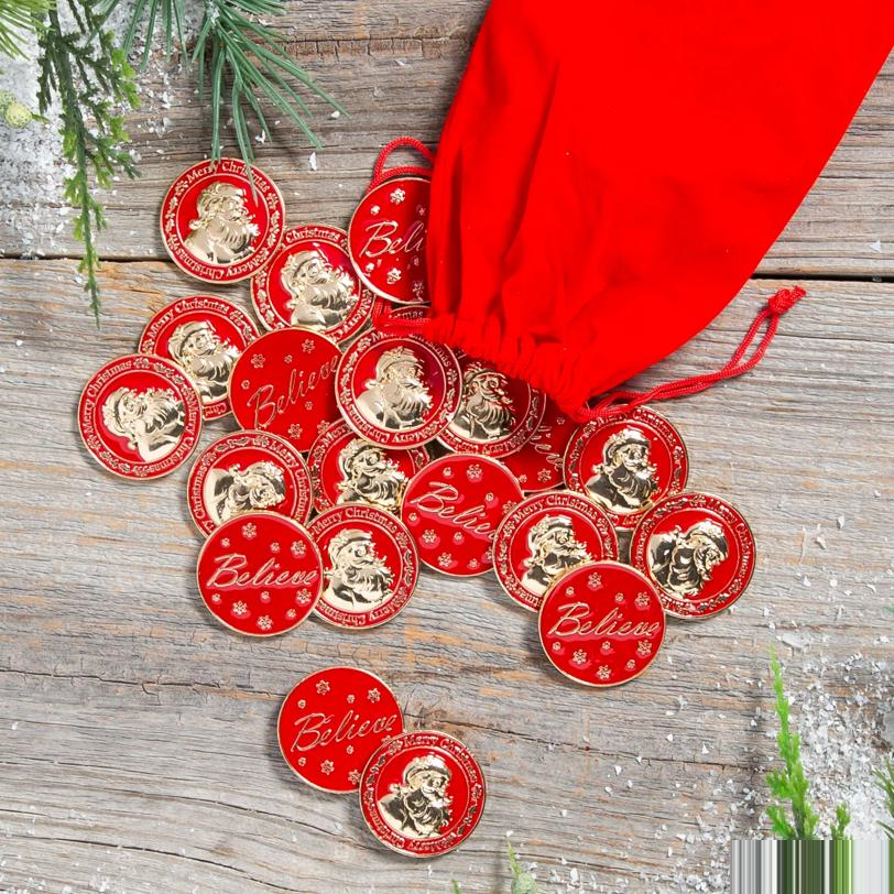 1 1/4" Red Santa Believe Metal Coins with Red Velvet Drawstring Bag-24 Pc.