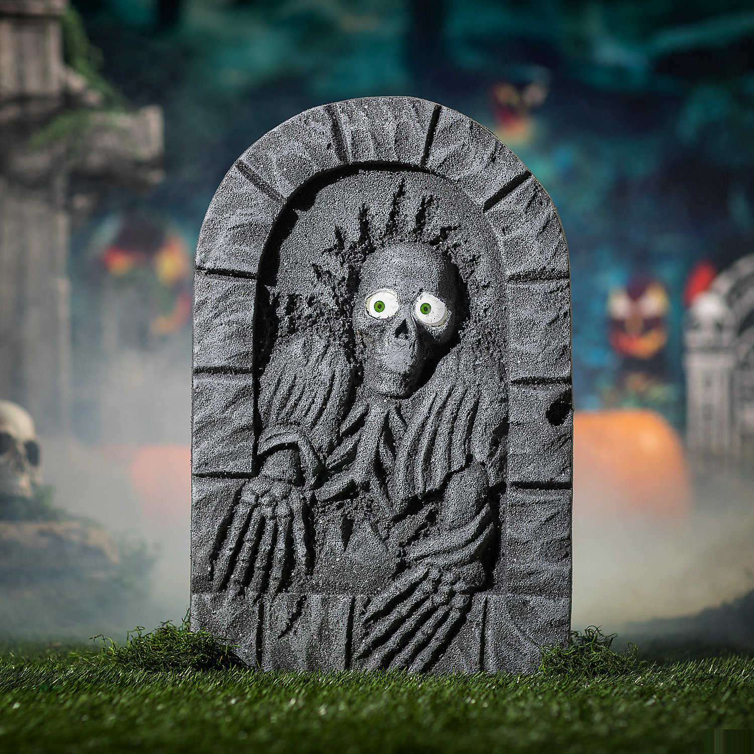 Gray Foam Skeleton Tombstone with Moving Eyes Halloween Decoration, 2 Ft.