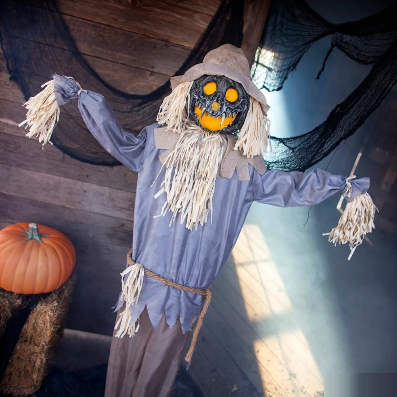 Animated Standing Evil Pumpkin Scarecrow Halloween Decoration 55 x 66 3/4