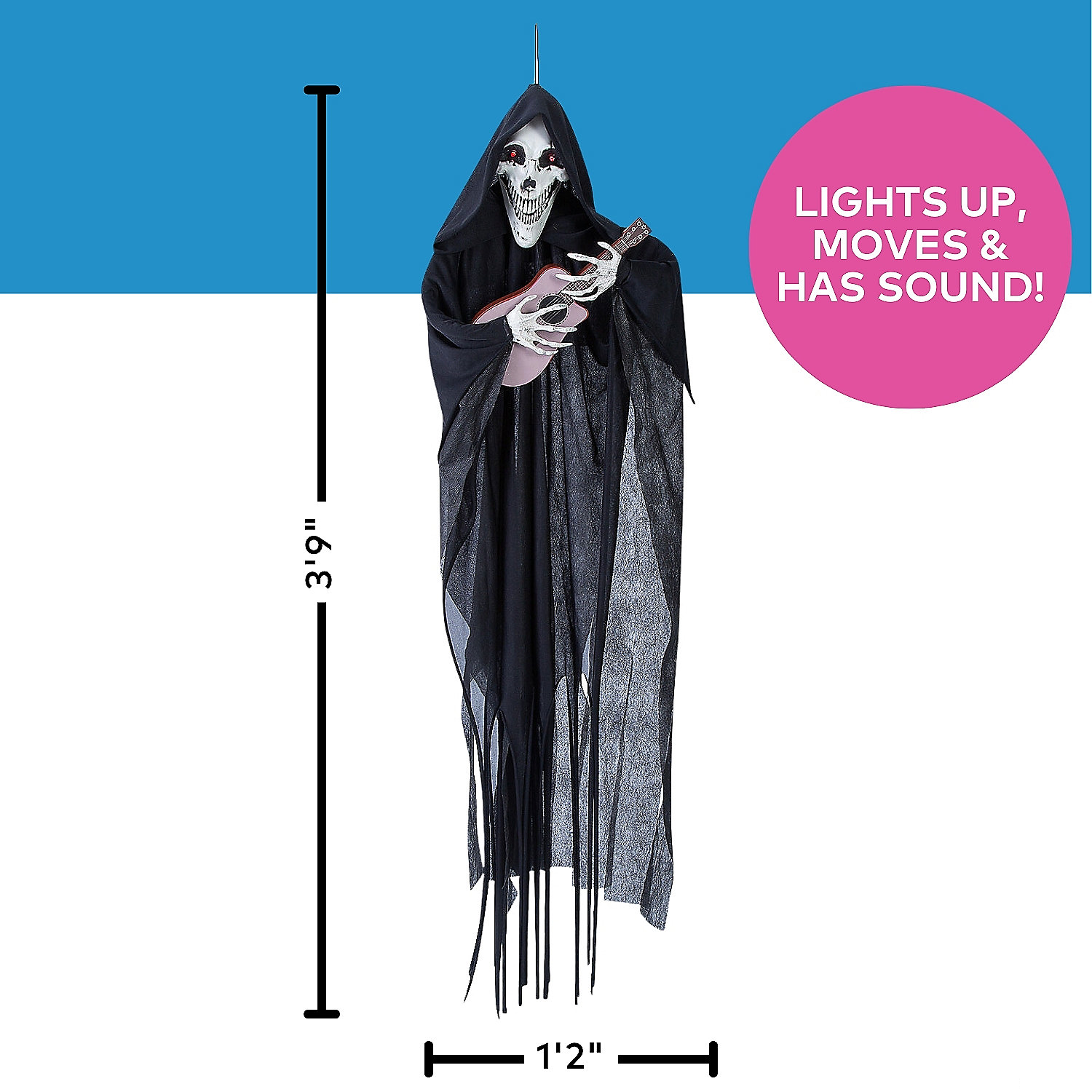 Hanging Animated Singing Reaper with Guitar Halloween Decoration, 13 3/4" x 47 1/4"