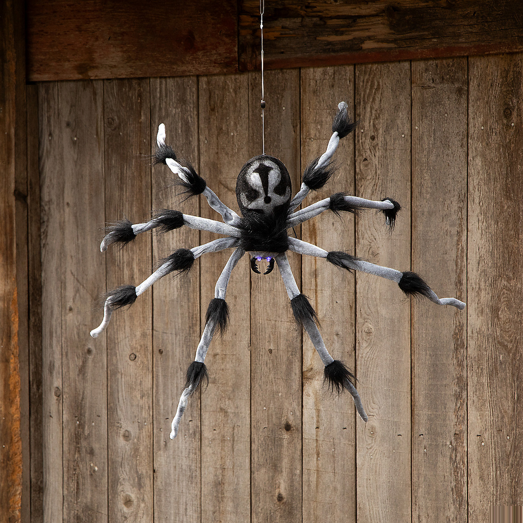 Gray and Black Hairy Floating Spider Hanging Halloween Decoration 31 1/2"