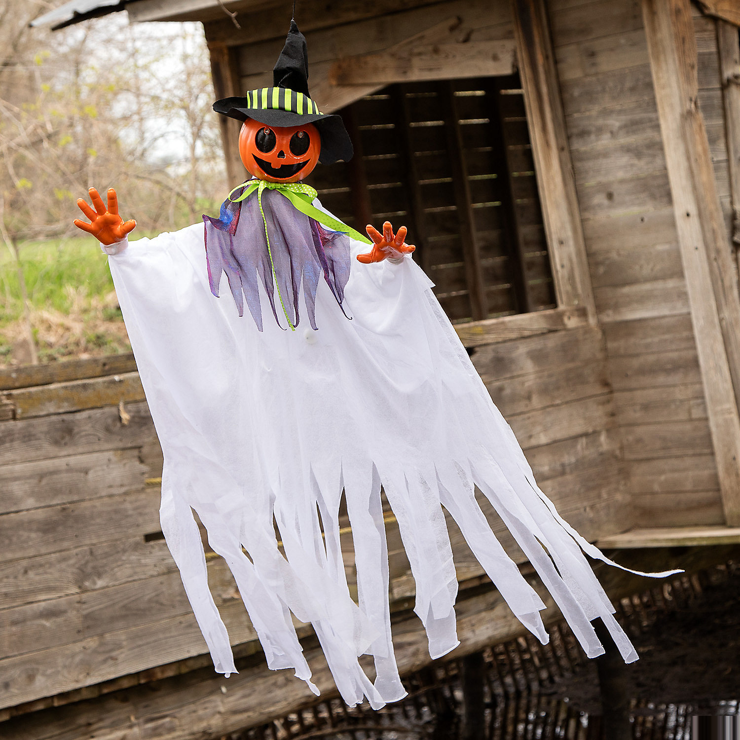 Animated Smiling Pumpkin Scarecrow Hanging Halloween Decoration 47 1/4"