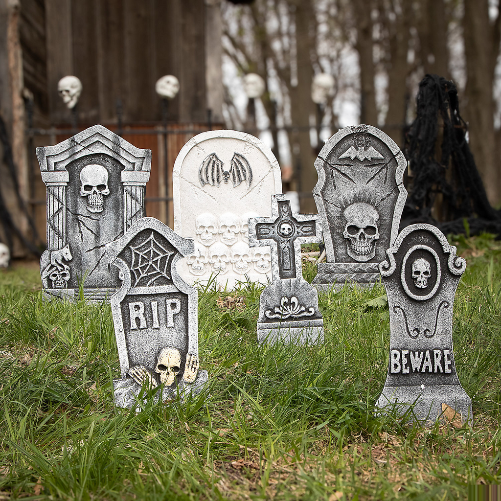 Bat & Skull Foam Tombstone Halloween Decorations Set 6 Pc.