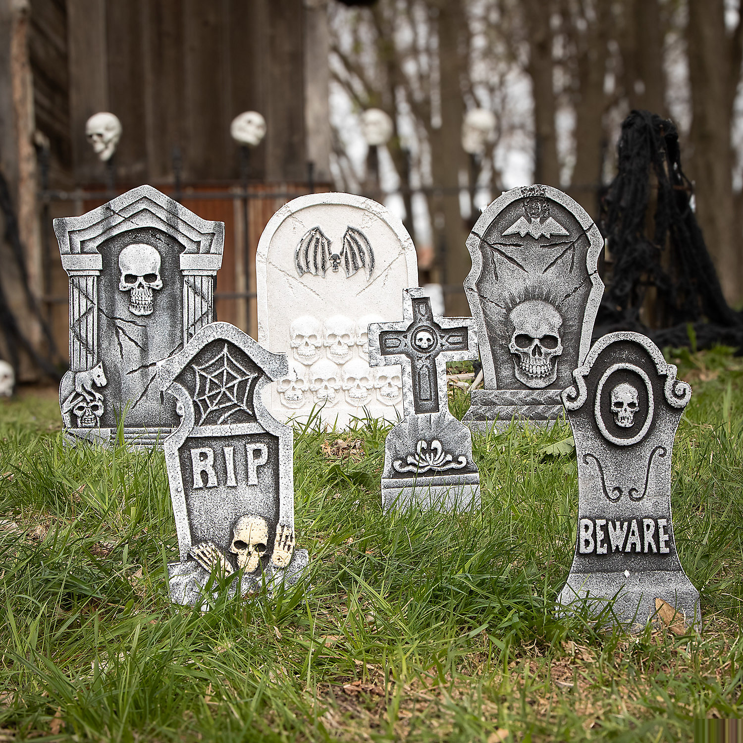 Bat & Skull Foam Tombstone Halloween Decorations Set 6 Pc.