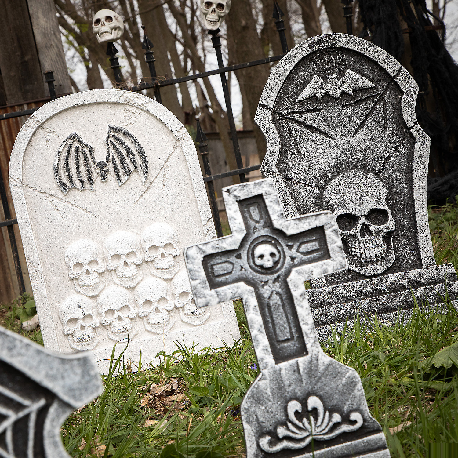 Bat & Skull Foam Tombstone Halloween Decorations Set 6 Pc.