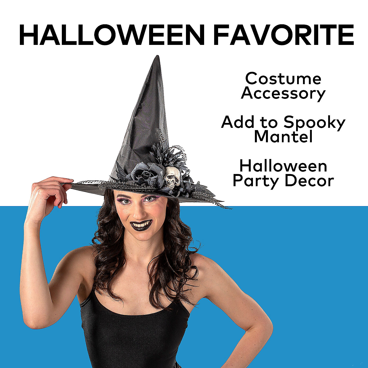 Black Flowers & Skull Polyester Witch Hat Costume Accessory, 17 1/2" x 14 3/4"