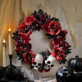 Red & Black Flower Wreath with Skulls Halloween Decoration, 16 3/4" x 3 1/2"