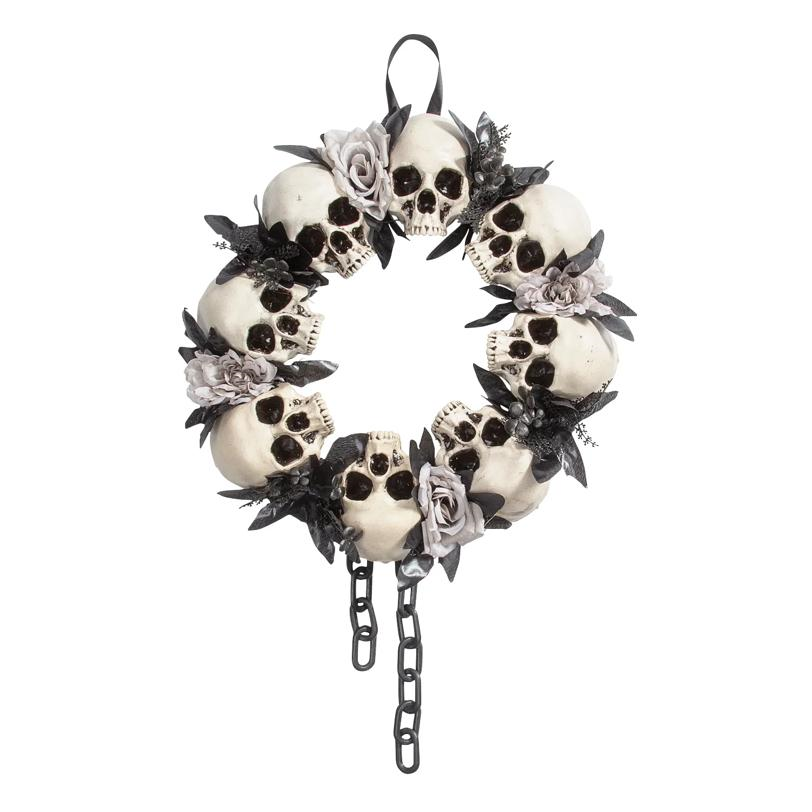 Skulls & White Roses Wreath Halloween Decoration 23 1/2" x 15 3/4"