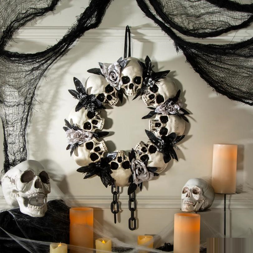 Skulls & White Roses Wreath Halloween Decoration 23 1/2" x 15 3/4"