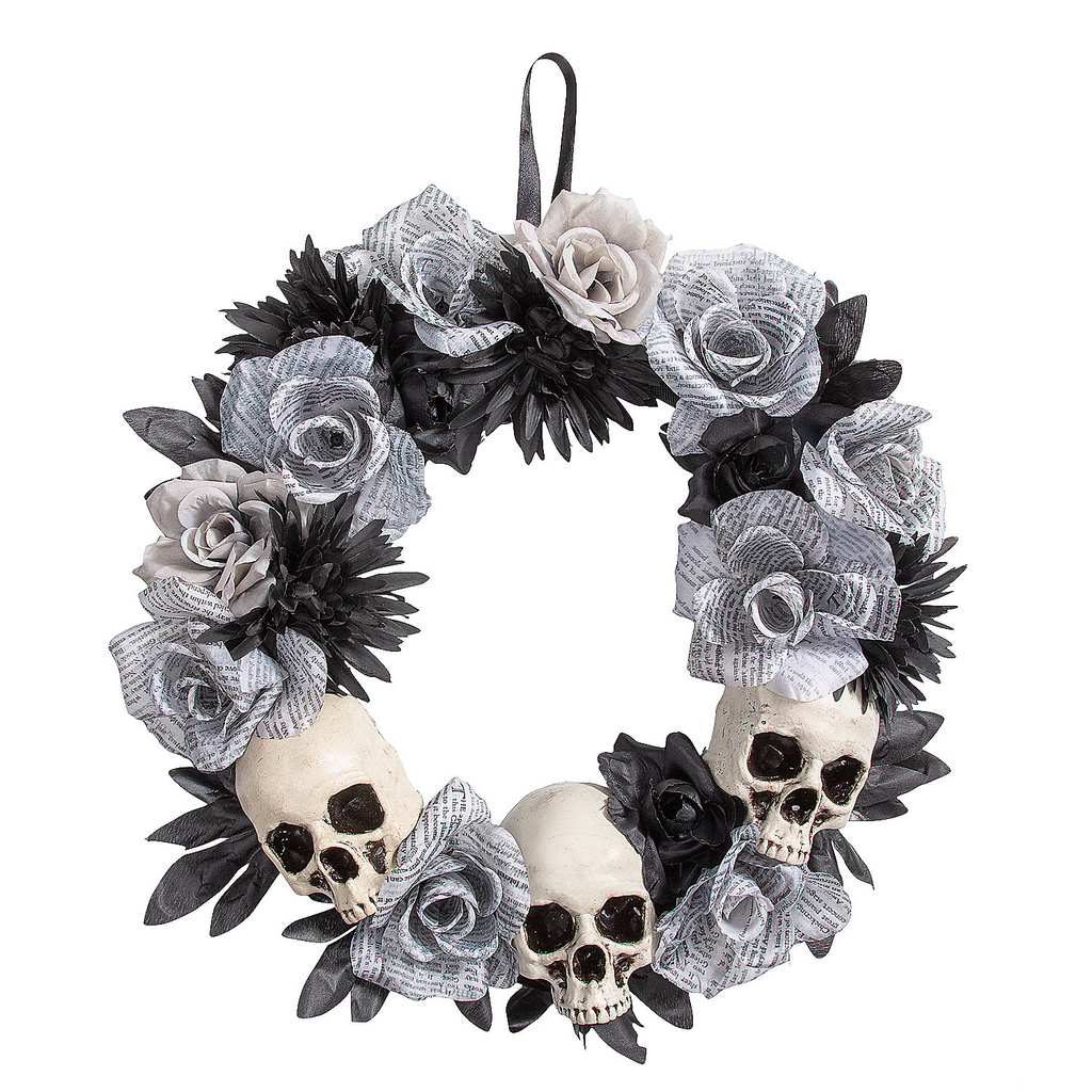 White Roses Wreath with Skulls Halloween Decoration, 17 1/2" x 17 1/2"