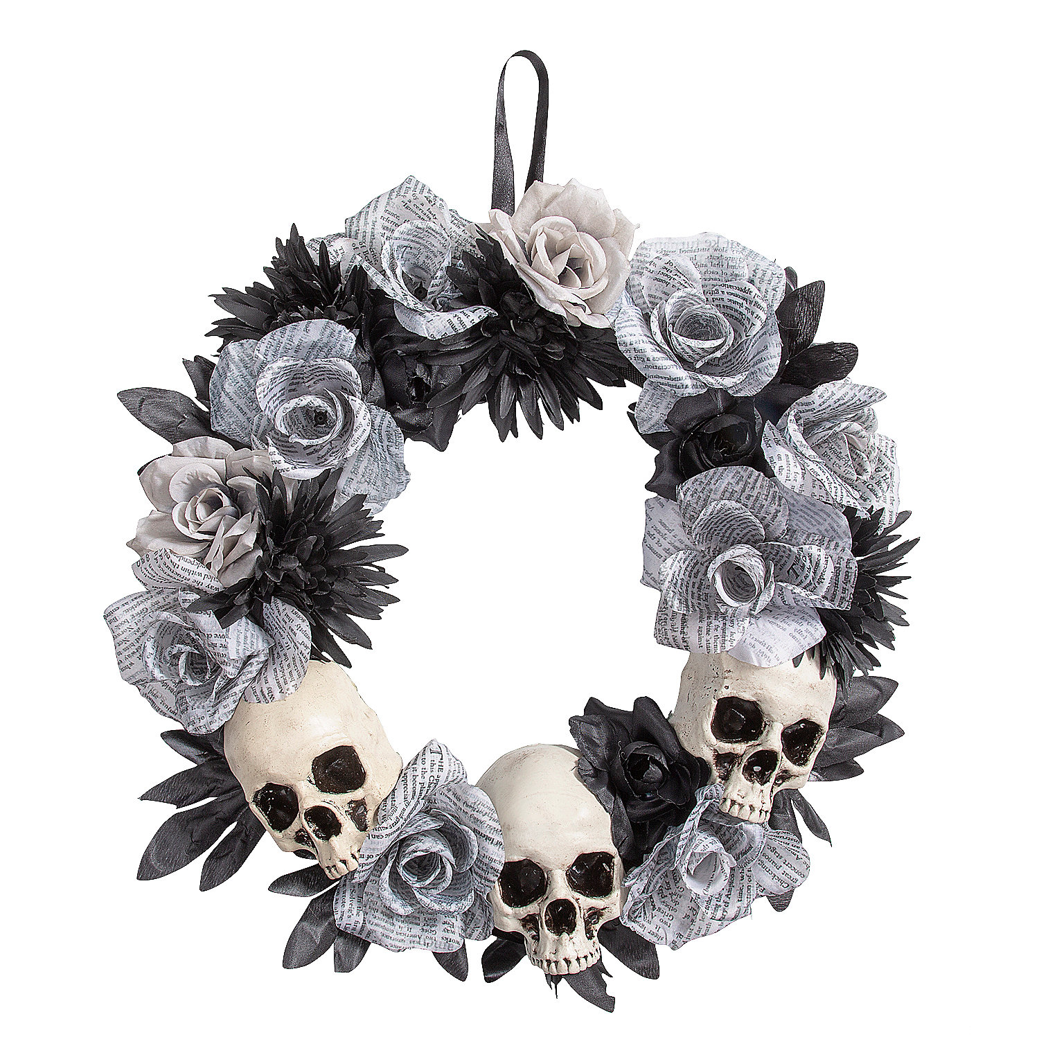 White Roses Wreath with Skulls Halloween Decoration, 17 1/2" x 17 1/2"