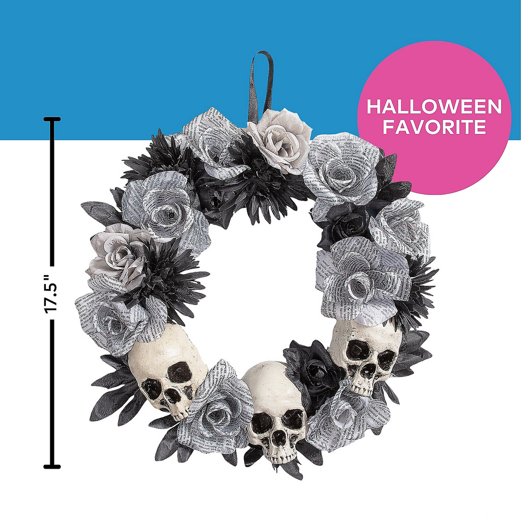 White Roses Wreath with Skulls Halloween Decoration, 17 1/2" x 17 1/2"