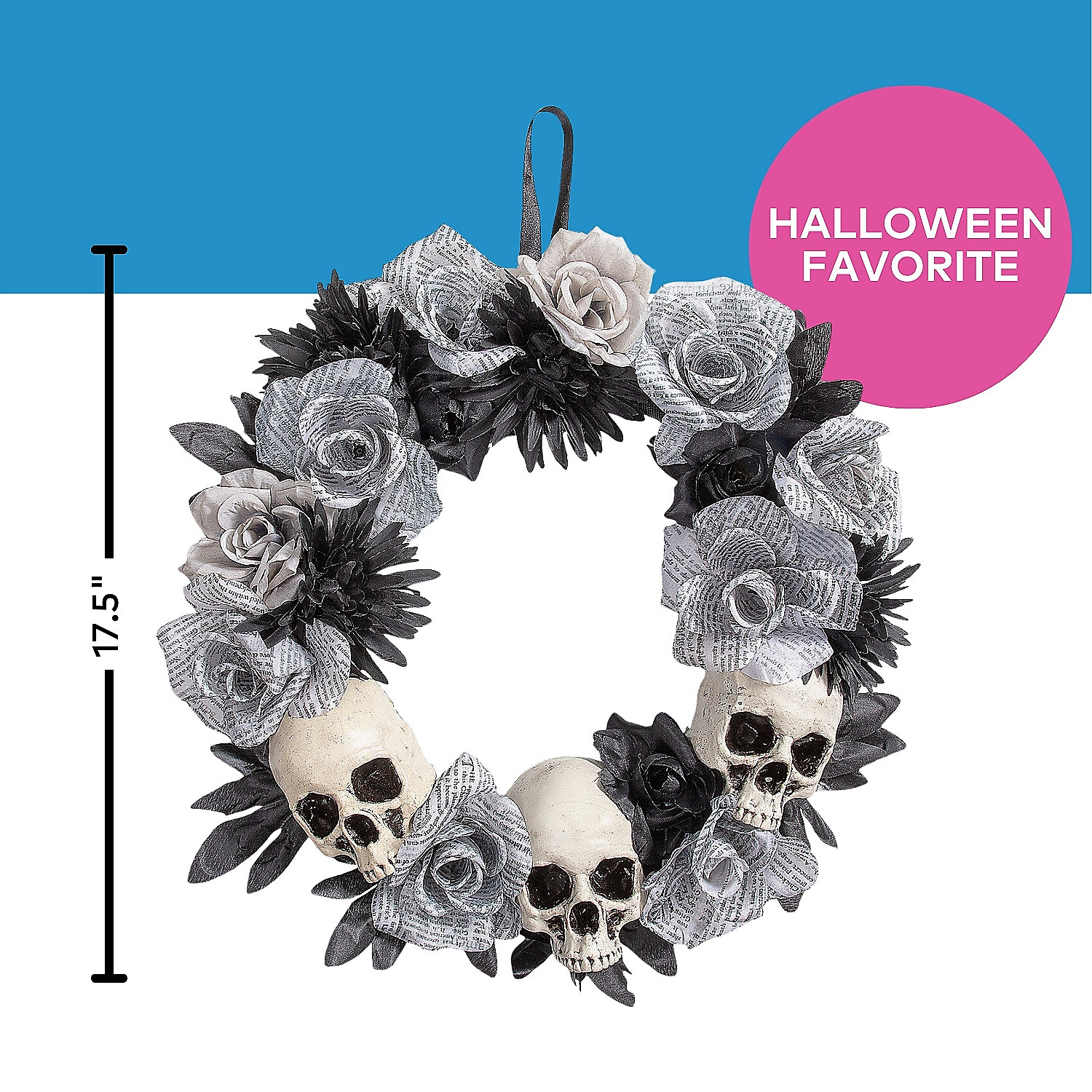 White Roses Wreath with Skulls Halloween Decoration, 17 1/2" x 17 1/2"