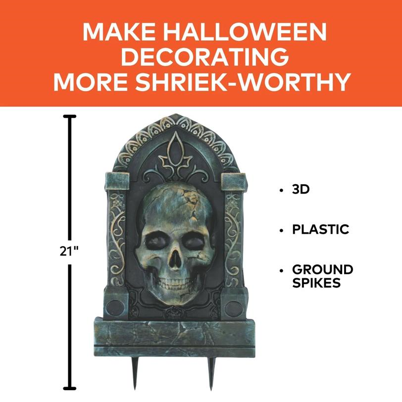 21" Tombstone with 3D Skull Halloween Decoration