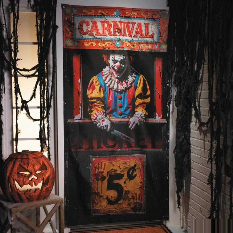 6 Ft. 6 3/4" Carnival Booth with Bloody Clown Door Curtain Halloween Decoration