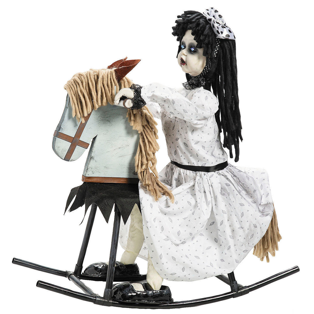 28 1/4" Life-Size Girl on Wooden Rocking Horse Halloween Decoration