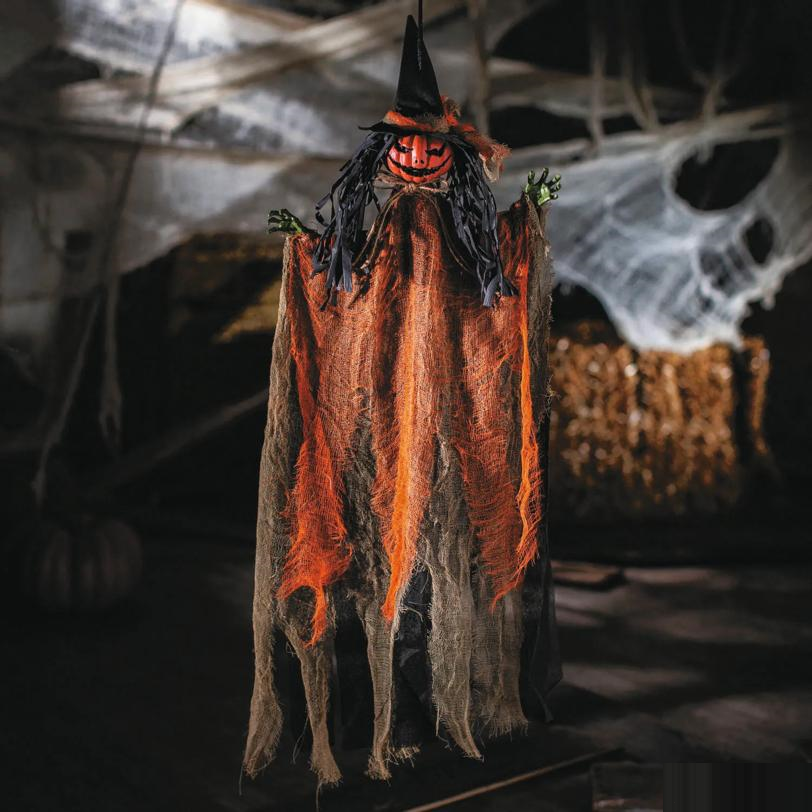 27 1/2" Hanging Orange Pumpkinhead Scarecrow with Hat Halloween Decoration