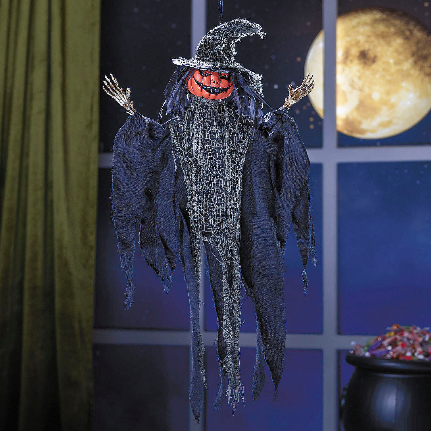 2 Ft. Hanging Pumpkinhead Man with Hat Halloween Decoration