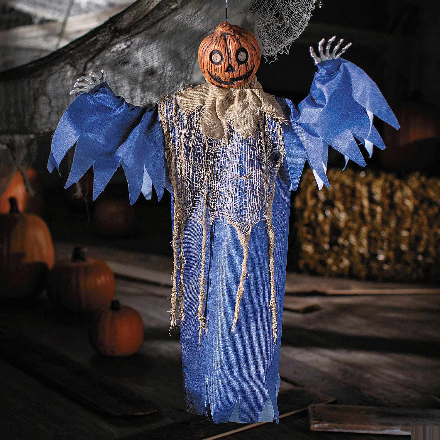 27 1/2" Hanging Blue & Burlap Pumpkin Man Halloween Decoration