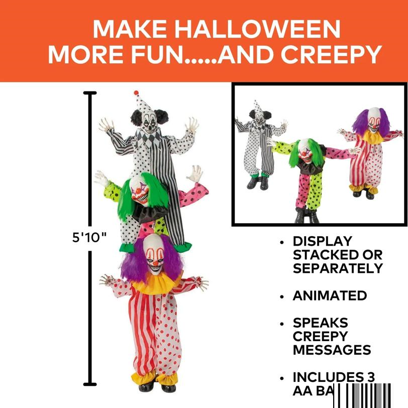 5 Ft 10 3/4" Animated Standing Light-Up LED Stacked Clown Trio Halloween Decoration