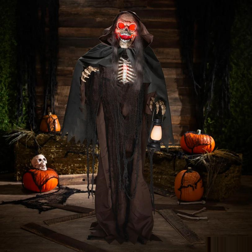 5 Ft. 6" Animated Light-Up Standing Talking Skeleton Reaper with Lantern Halloween Decoration