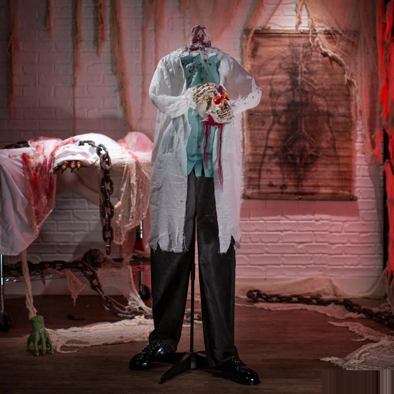 5 Ft. 2" Animated Light-Up Standing Shaking Headless Skeleton Doctor Halloween Decoration
