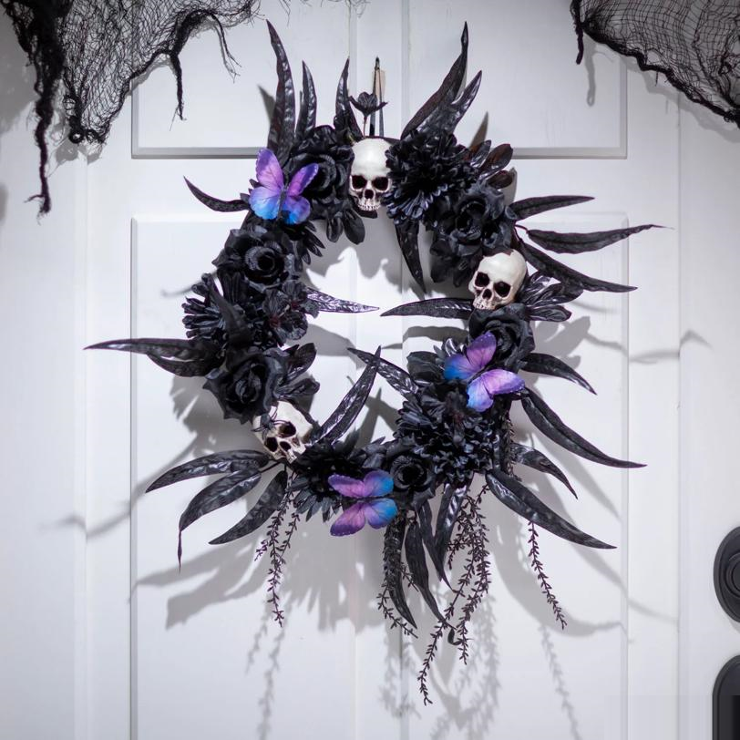 17 3/4" x 25 1/2" Dark Floral Wreath with Skulls, Spiders & Butterflies Halloween Decoration