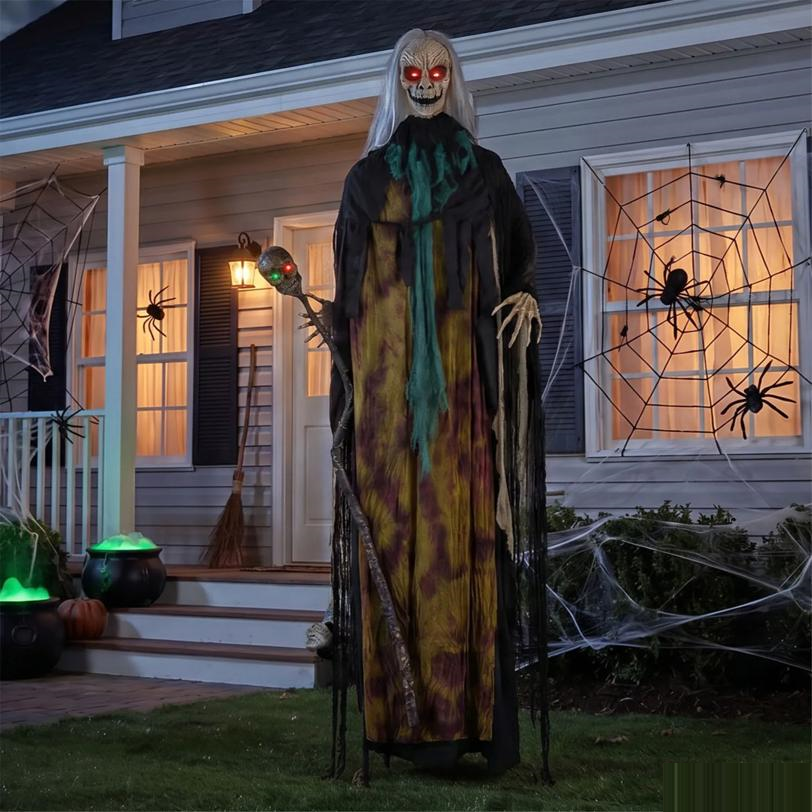 6 Ft. 10" Light-up Standing Talking Creepy Witch with Skull Staff Halloween Decorations