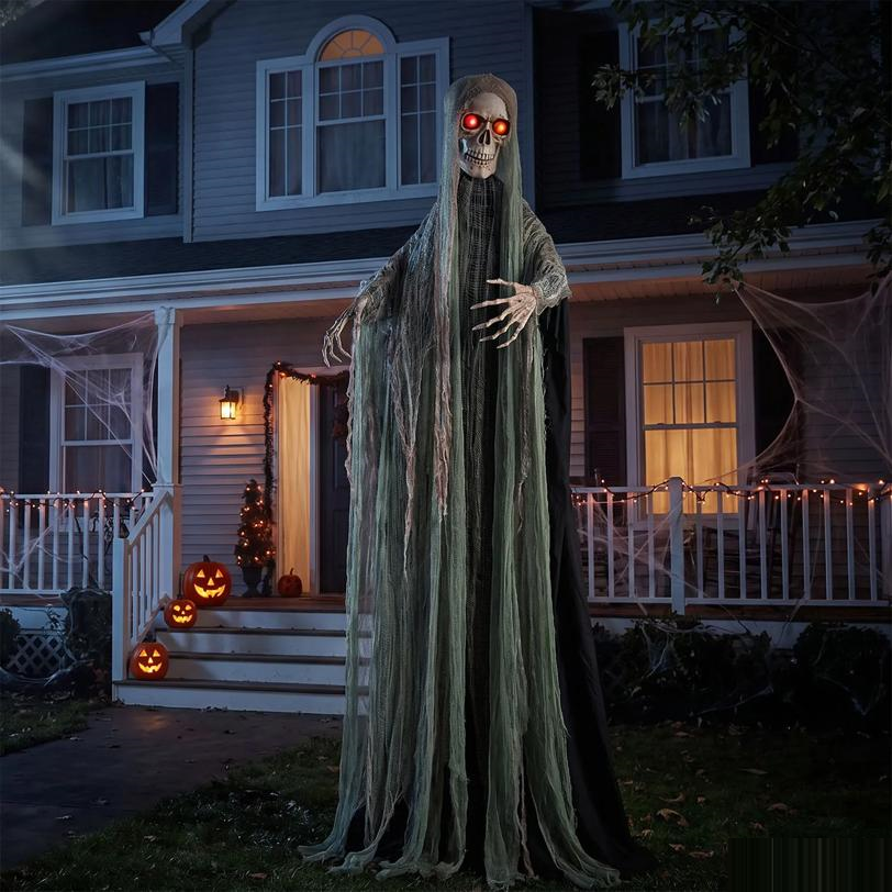7 Ft. Animated Light-Up Standing Swaying Skeleton Reaper with Sound Halloween Decoration