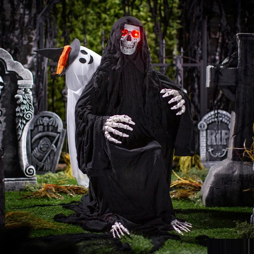 47" Animated Hide & Seek Ghost with Light-Up Sitting Skeleton Reaper Halloween Decoration
