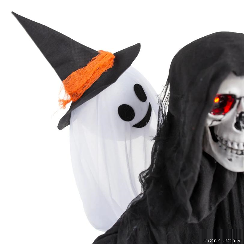 47" Animated Hide & Seek Ghost with Light-Up Sitting Skeleton Reaper Halloween Decoration