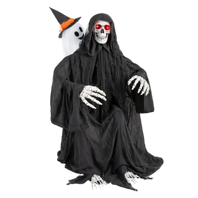 47" Animated Hide & Seek Ghost with Light-Up Sitting Skeleton Reaper Halloween Decoration