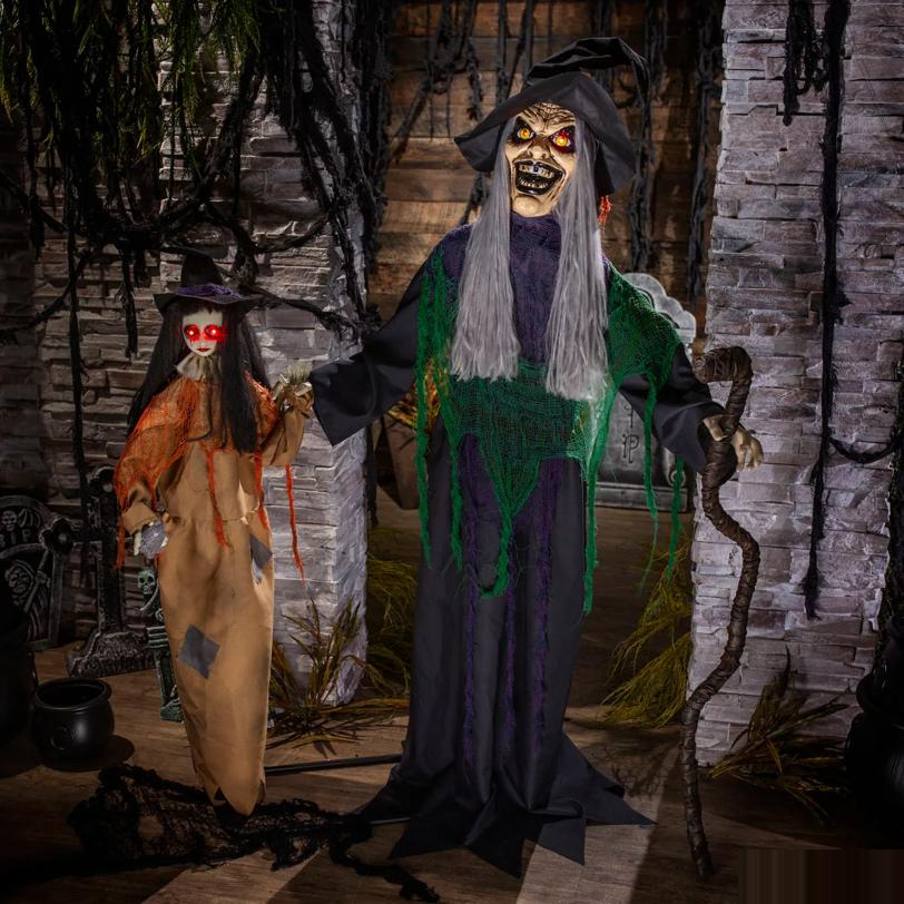 5 Ft. 6" Animated Light-Up Talking Girl with Standing Witch Halloween Decoration