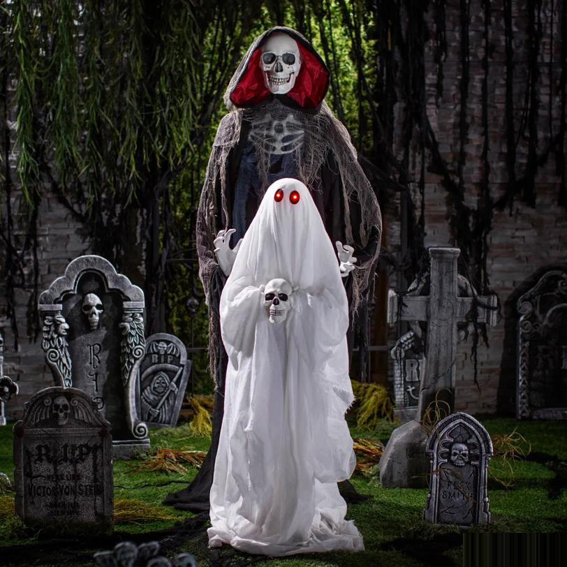 5 Ft. 10" Animated Light-Up Raising Ghost with Sound & Standing Skeleton Reaper Halloween Decoration