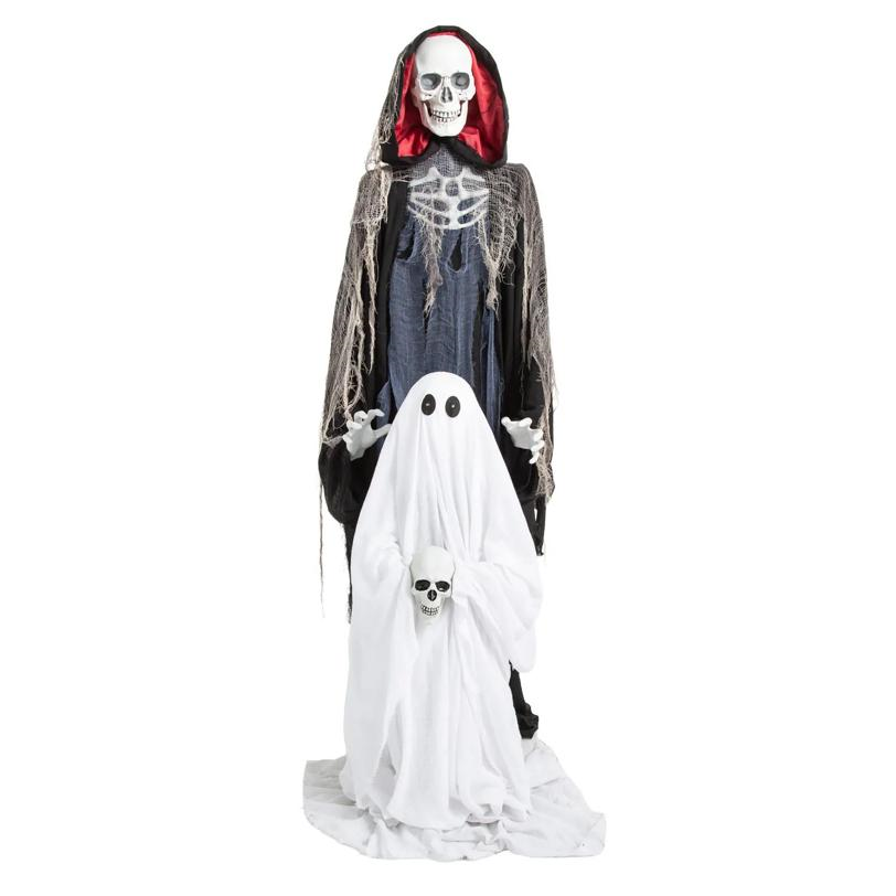 5 Ft. 10" Animated Light-Up Raising Ghost with Sound & Standing Skeleton Reaper Halloween Decoration