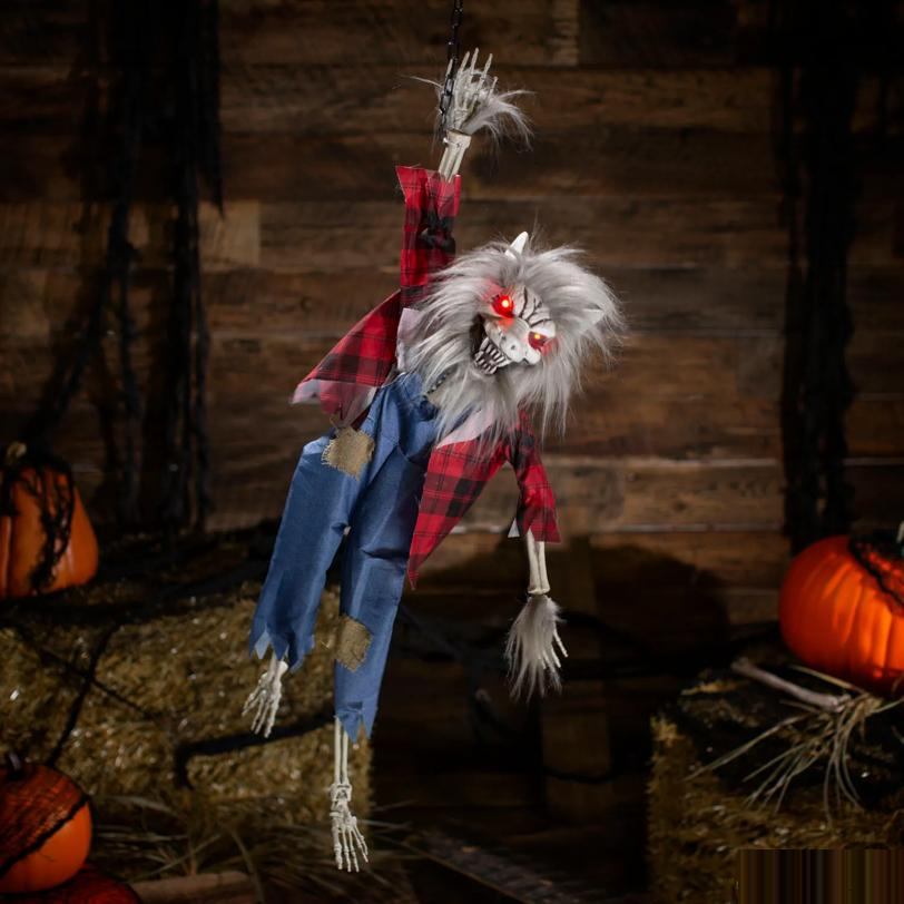 35" Animated Light-Up Hanging Skeleton Werewolf Halloween Decoration