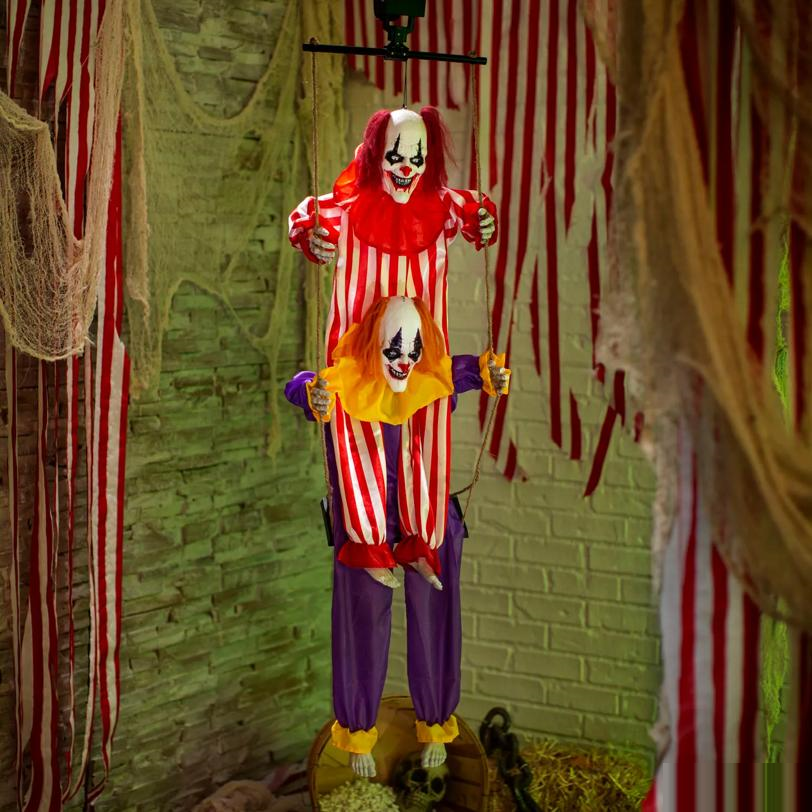 4 Ft. 5" Animated Hanging Clowns on a Swing with Sound Halloween Decoration