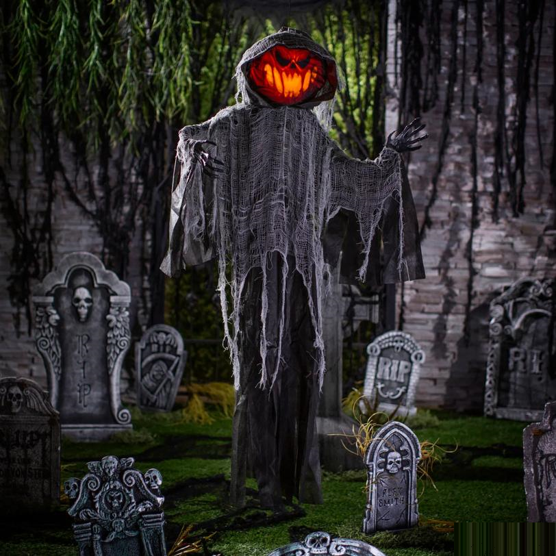5 Ft. 2" Light-Up Hanging Flaming Light Pumpkin Man Halloween Decoration