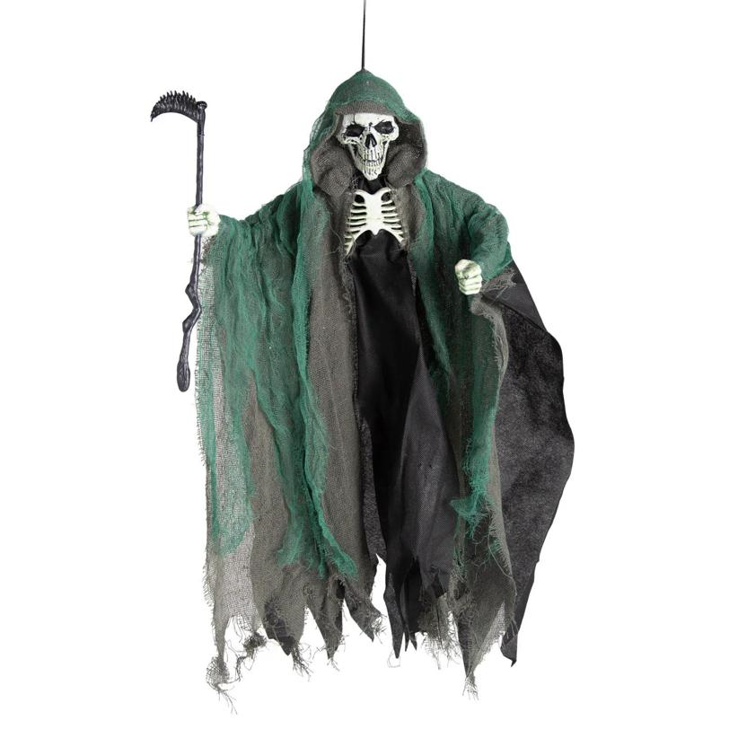 23" Hanging Black & Green Skeleton Reaper with Scythe Halloween Decoration