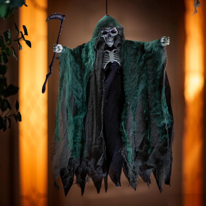 23" Hanging Black & Green Skeleton Reaper with Scythe Halloween Decoration
