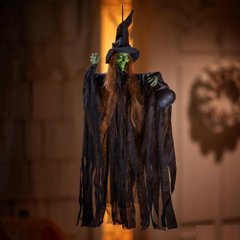 23" Hanging Green Witch with Cauldron Halloween Decoration