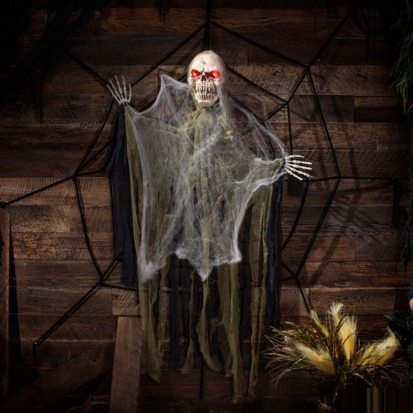 7 Ft. 10" Animated Light-Up Hanging Talking Skeleton Stuck on Spider Web Halloween Decoration
