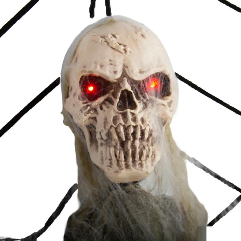 7 Ft. 10" Animated Light-Up Hanging Talking Skeleton Stuck on Spider Web Halloween Decoration