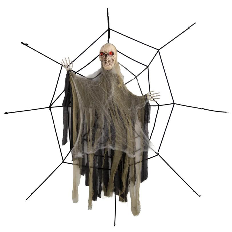 7 Ft. 10" Animated Light-Up Hanging Talking Skeleton Stuck on Spider Web Halloween Decoration