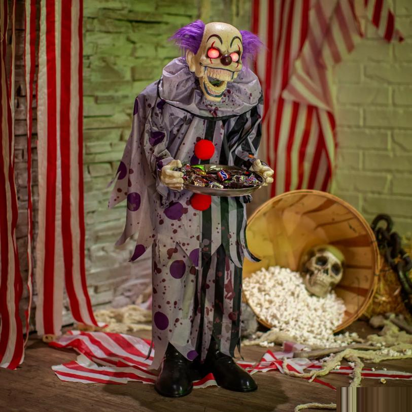 37" Animated Light-Up Standing Talking Clown with Plate Halloween Decoration