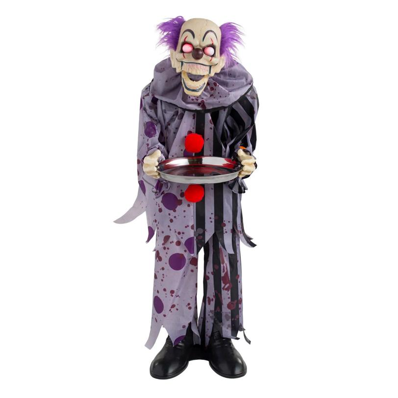 37" Animated Light-Up Standing Talking Clown with Plate Halloween Decoration