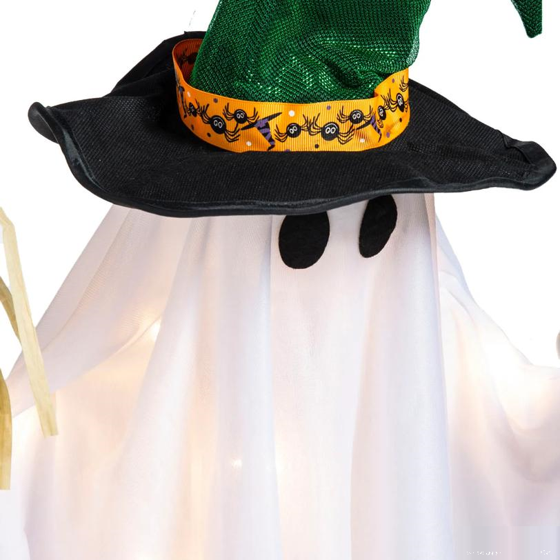 29" Light-Up Standing Ghost with Witch Hat & Broom Halloween Decoration